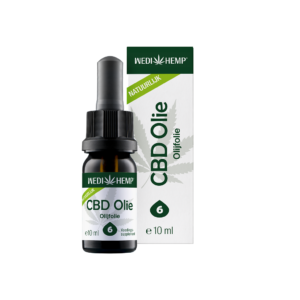 Eine 10-ml-Flasche Wedihemp CBD Olivenöl 6 %, mit „Oliijfolie“ und „Natuurlijk“ auf dem Etikett und einer Verpackung mit Cannabisblatt-Design.