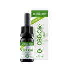 Eine kleine Flasche Wedihemp CBD Öl Pure 10% neben der Verpackung. Das Etikett ist grün-weiß gestaltet und zeigt ein Cannabisblatt. Sowohl auf der Flasche als auch auf der Schachtel ist ein Volumen von 10 ml angegeben.