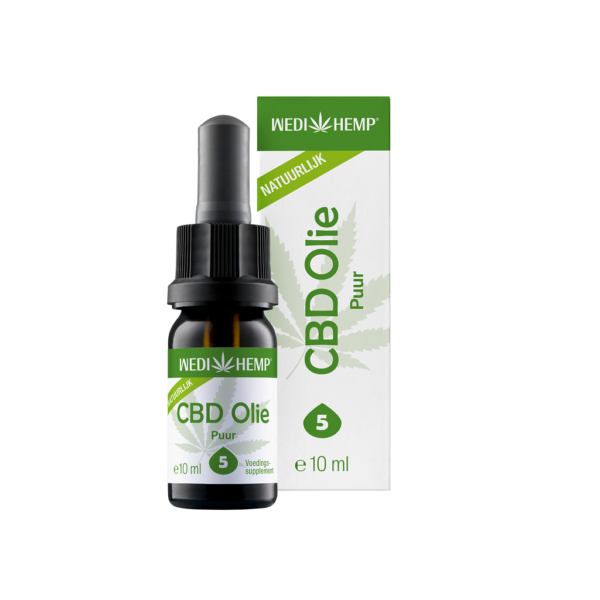 Eine Flasche Wedihemp CBD Öl Pure 5 % neben ihrer grün-weißen Verpackung mit der Aufschrift „Puur“ und „10 ml.“