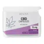 Weißer Behälter mit der Aufschrift „Renova – CBD Öl Kapseln 2,5% (10 mg)“ mit violettem Akzent. Enthält 30 Kapseln.