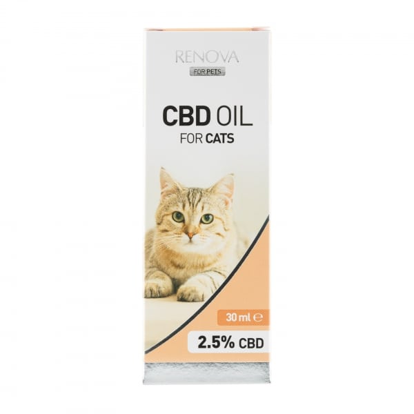 Renova - CBD-Öl 2,5% für Katzen (30ml) auf weißem Hintergrund.