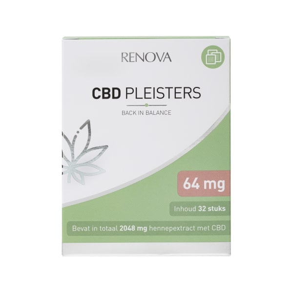 Eine Schachtel Renova CBD-Pflaster (64 mg - 32 Stück) auf einem weißen Tisch.