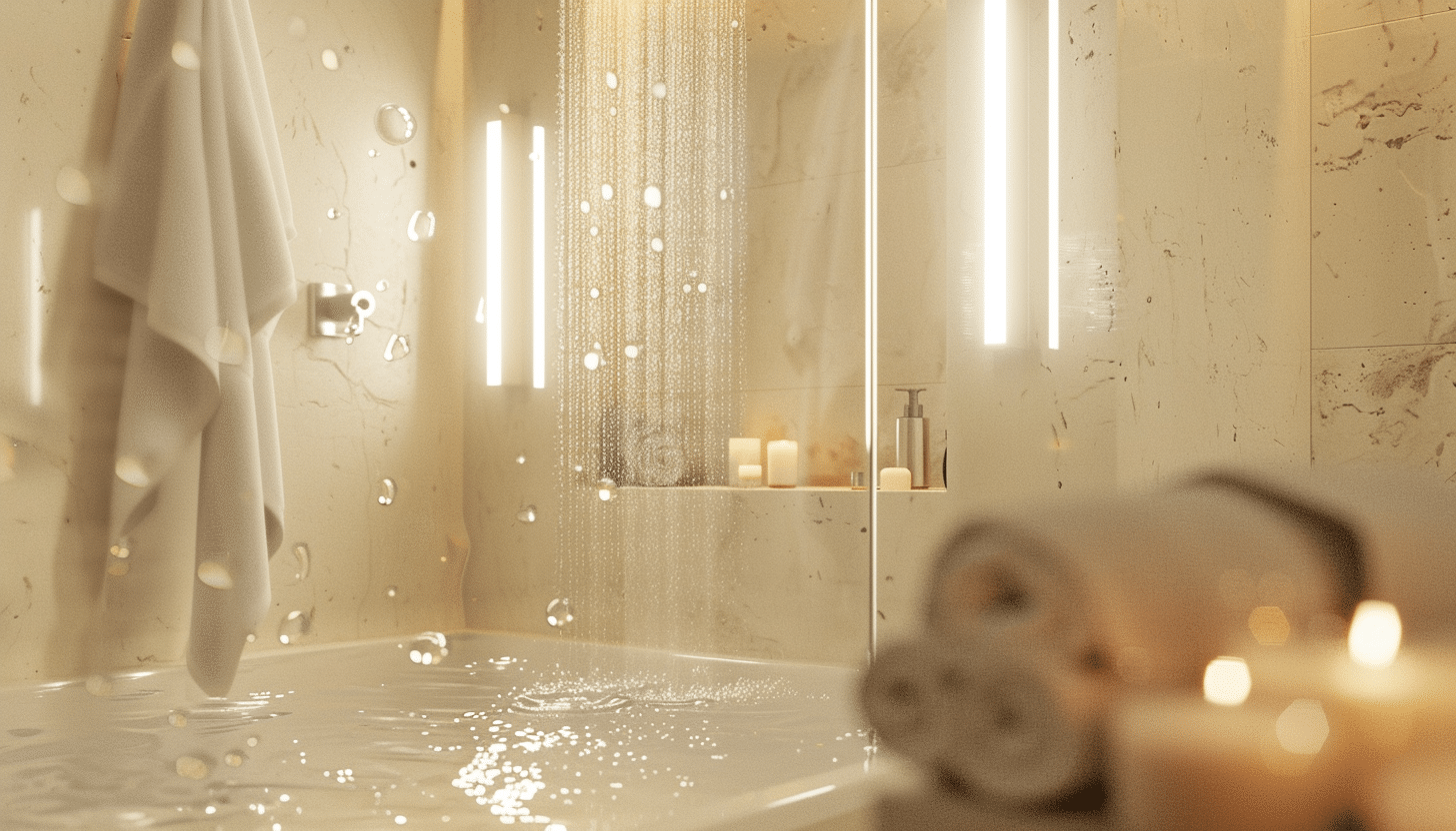 Ein modernes Badezimmer verfügt über eine elegante Dusche mit Hemptouch Beruhigendem Creme-Duschgel (250 ml), die von vertikalen Lichtern beleuchtet wird, ein Handtuch, das an einem Haken hängt, aufgerollte Handtücher auf einem Regal und brennende Kerzen, die eine ruhige Atmosphäre schaffen.